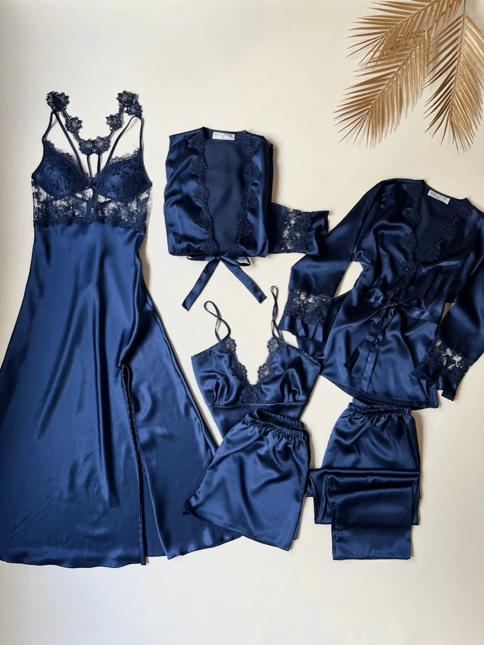 BLUE 6 PCS LONG SLIT SILK NIGHTY SET Pookie Wears