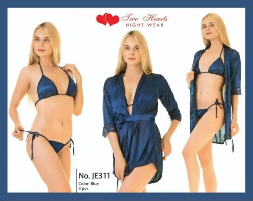 3 Pieces Silk Nightwear & Lingerie with Short Gown