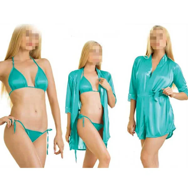 3 Pieces Silk Nightwear & Lingerie with Short Gown